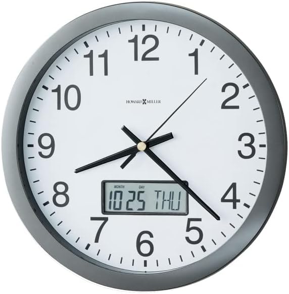 Howard MillerDubois Wall Clock II 549-670 – Modern Metallic Grey, Flat Bezel Framing, Displays LCD Calendar (Month, Day, Day of Week), Quartz Movement