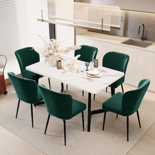 Silla de comedor (6 unidades), color verde oscuro, silla tapizada con respaldo, asiento de terciopelo, estructura de metal