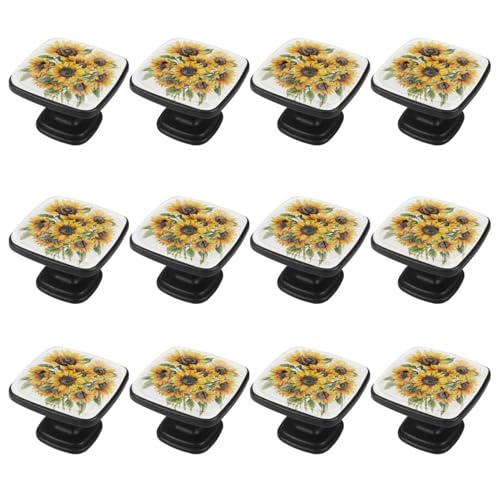 IROLSKDNFH 12 Pieces Sunflowers Bouquet Glass Knobs for Dresser Drawers, 1.37 x 1.10 in Square Kitchen Cabinet Pulls for Home Office Nursery Kids Room