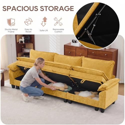 Image of IPKIG 117 inch Modular Cloud Couch with Storage, U Shaped Sectional Sofa with Ottoman & Pillow, Chenille Deep Seat Sectional Couches for Living Room, Apartment, Yellow