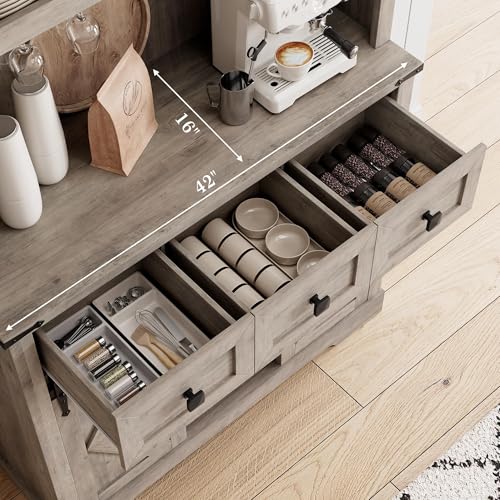 72" Farmhouse Bar Cabinet with Sliding Barn Door, Tall Kitchen Buffet with Storage Hutch and 3 Drawer, Rustic Coffee Wine Bar Sideboard with Wine & Glasses Rack, for Living Room, Washed Grey
