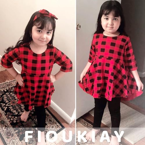 Image of Toddler Baby Girls-Fall-Clothes-Set Little Girls Floral Plaid Highlow Tunic Tops+Leggings Outfits Boutique Clothing