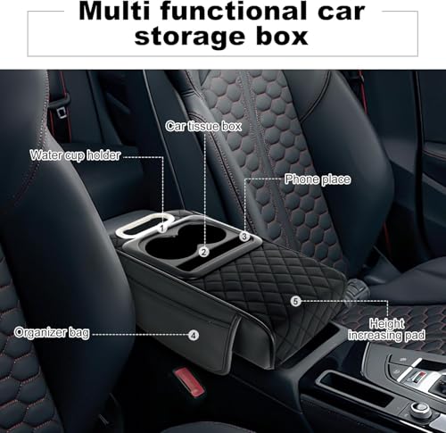 Image of Car Armrest Cushion with Cup Holder Cover, Armrest Pad with 2 Storage Pockets, Cup Holder, Tissue Slot, Phone Holder, Nappa Leather Memory Foam Car Accessories for SUV & Sedan (Black)