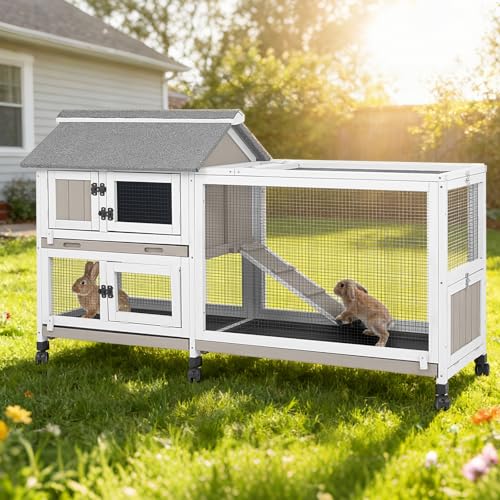 59 in Rabbit Hutch Indoor Bunny Cage with 3 Leak-Proof Removable Trays Expandable 2-Story Wooden Waterproof Roof Bunny House Outdoor Chicken Coop