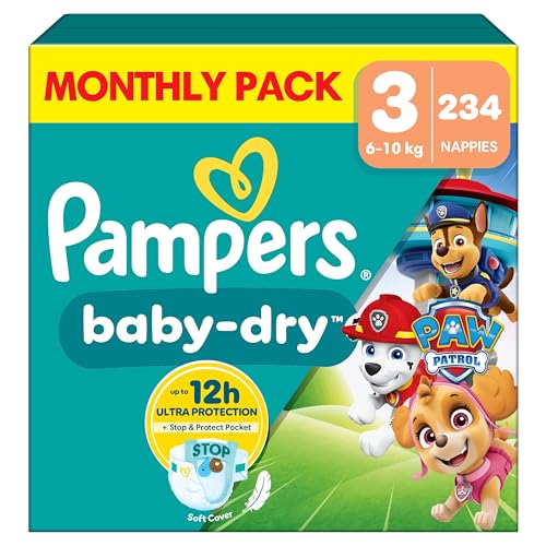 Pampers Baby-Dry Paw Patrol Edition Size 3 234 Nappies 6kg-10kg Monthly Pack Up to a 100% Leak-Free & Comfortable Night