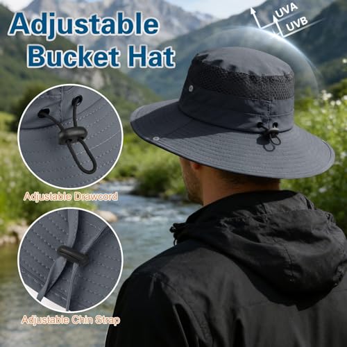 Sun Hat for Men Women UV Protection Wide Brim Fishing Hats Breathable UPF 50+ Waterproof Boonie Bucket Hats Beach Safari Hiking Garden Dark Grey - image 2