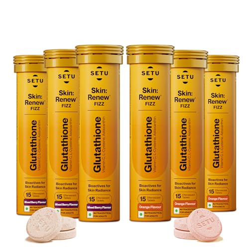 Setu Skin Renew Glutathione Tablets for Glowing Skin | 90 Effervescent Tablets with 500mg L-Glutathione & Vitamin C | Antioxidant, Skin Glow Supplement for Clear Skin | Mixed Berry & Orange, Pack of 6