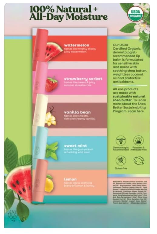Lip Balm, 9 Sticks natural organic Vanilla bean, Strawberry sorbet, Watermelon, Sweet mint and Lemon