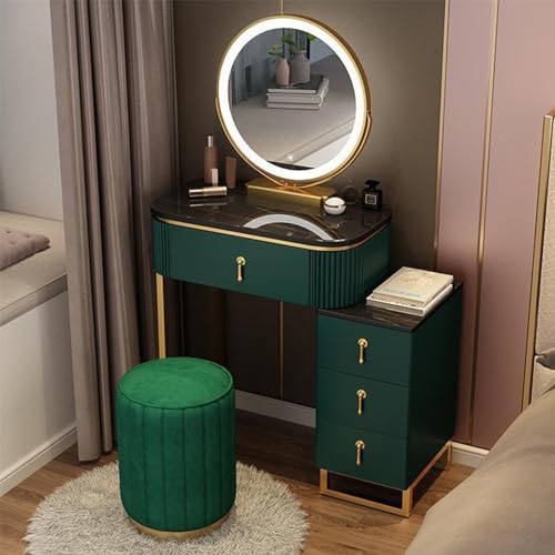 Juego de tocador de maquillaje con espejo LED y luces, elegante tocador con 4 cajones de almacenamiento, taburete acolchado para dormitorio, perfecto para rutina de belleza y nización