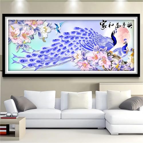 Fleur Diamond Painting Paon Bleu pour Salon | Toile Géante 90x210cm Décoration Murale Chambre