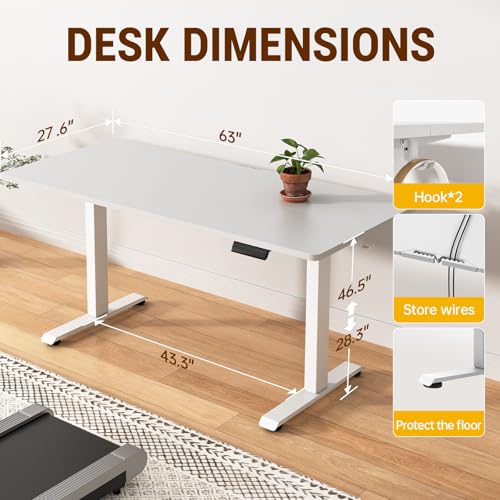 Image of Veken 63x27.6 Inch Large Electric Standing Desk, Heights Adjustable,Sit to Stand Up, Work Home Office Computer Table for Walking Pad, Gifts for Dad, Wooden Desktop Desks, White
