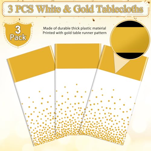 Image of 3Pcs White and Gold Tablecloth Party Decorations,Plastic White Table Cloth Printed Gold Table Runner Disposable Rectangle Table Cover for Birthday Wedding Anniversary Graduation Party,54 x108 Inch