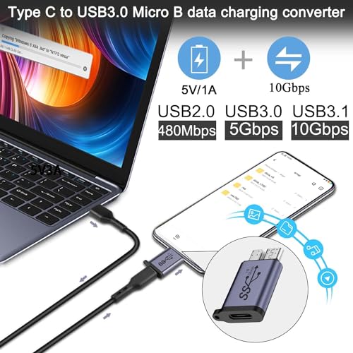 Image of ETZIN 10Gbps USB C Female to Micro B Male Data Adapter Type C to Micro B Male Converter, for External Hard SSD Drive Tablet Digital Camera Phone Laptop(90 Degree, Pack-of-1) EPL-1173TC