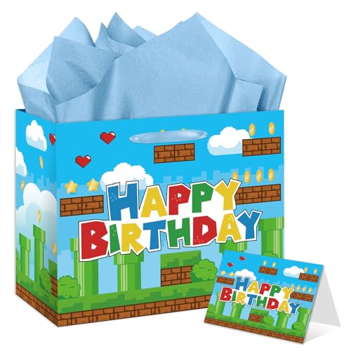 Video Game Birthday Gift Bag for Kids - Gaming Themed Gift Bag with Card and Tissue Paper & Wrapping Paper - Bday Party Decorations Supplies for Boys & Girls Baby Showers & Bday Celebrations