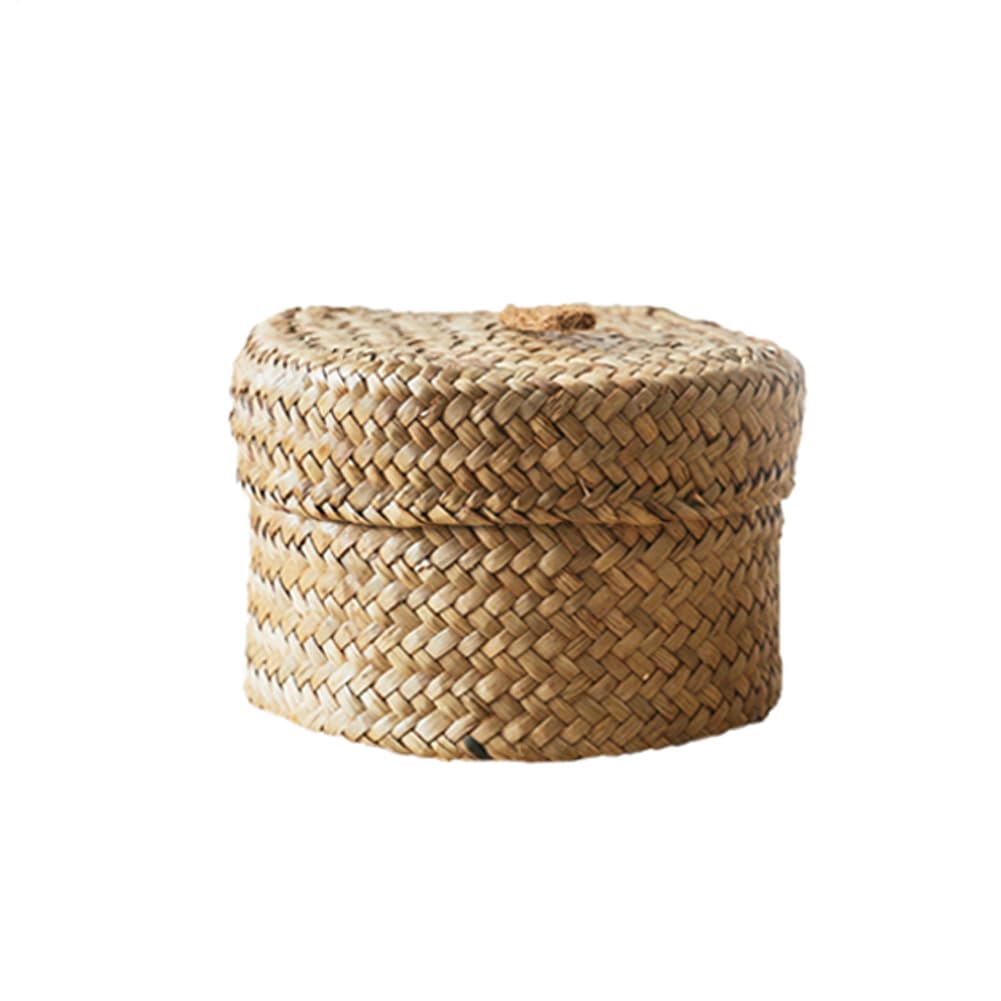 Veeteah Small Round Seagrass Storage Baskets - Cylinder Woven Shelf Baskets With Lids - Seagrass Container Box Organizer For Pantry Shelves Cabinets