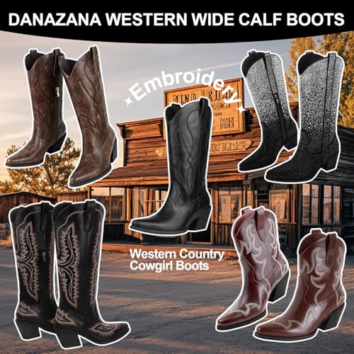 Image of Knee High Cowgirl Boots Women Wide Calf Rhinestones Cowboy Boots Lady Pointed Toe Chunky Heel Embroidered Sparkly Boot With Side Half Zip Country Sparkle Boot Size 6-11