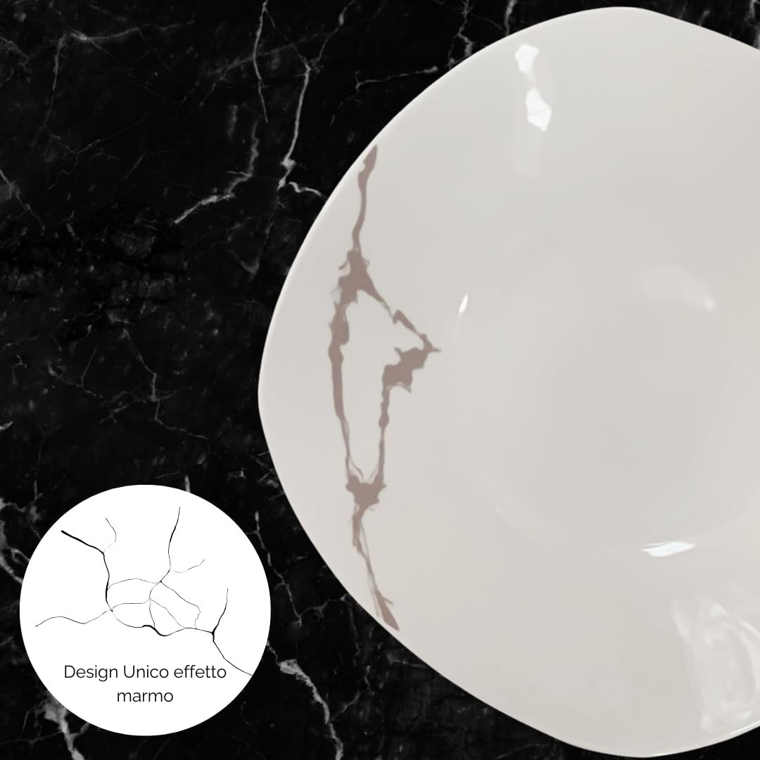Servizio Piatti 19 Pezzi Per 6 Persone | Resistente Porcellana Bianca e Tortora Design Moderno Marmorizzato Elegante Raffinato | Uso Quotidiano, Occasioni Speciali, Lavabile in Lavastoviglie