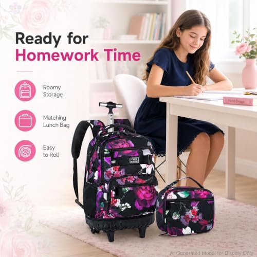 Image of 3Pcs Rolling Backpack for Girls Women, Travel Roller Backpacks with Wheels for Adults, Teens College Rose Wheeled Bookbag with Lunch Box(Black)