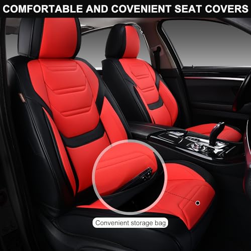 Image of TIEHESYT Leather Seat Covers Front Pair with Lumbar Support, Breathable and Waterproof Car Seat Cover, Universal Seat Covers for Cars, Trucks, SUVs, Sedans, Pickups, Airbag Compatible, Black&Red