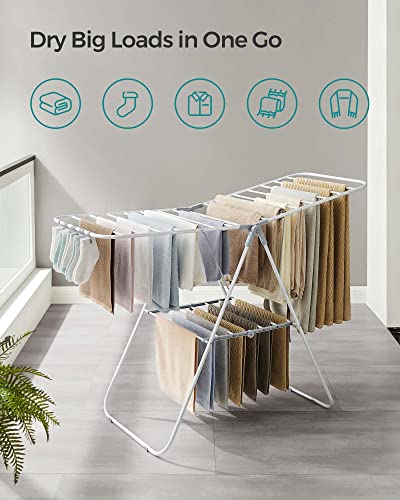 SONGMICS-Clothes-Drying-Rack-with-Sock-Clips-Metal-Laundry-Rack-Foldable-Space-Saving-Free-Standing-Airer-with-2-Height-Adjustable-Gullwings-Indoor-Outdoor-Use-White-and-Gray-ULLR052W02 SONGMICS Clothes Drying Rack with Sock Clips Metal Laundry Rack Foldable Space Saving Free Standing Airer with 2 Height Adjustable Gullwings Indoor Outdoor Use White and Gray ULLR052W02