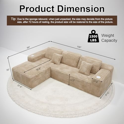 Image of Cloud Sectional Couch with L-Shape Chaise, Modern Modular Sofa with Deep Seat, Built-in Cup Holder & Storage Pocket for Living Room Bedroom, No Assembly Required (Camel, Left Facing Chaise)