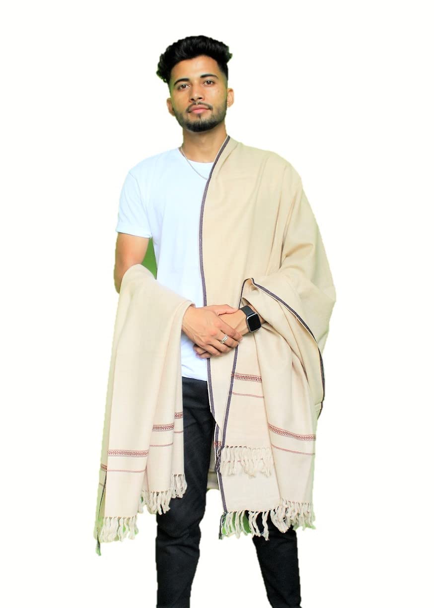 loom himalaya Men's Plain Pure Woollen Kullu Handloom Lohi/Shawl [50" X 100"] (Cream, Pure Wool)-picture-50