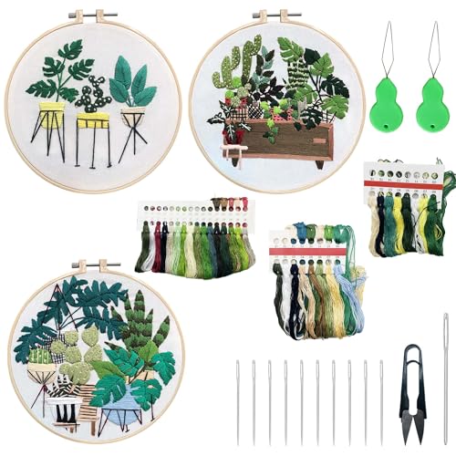 Image of Allazone 3 Sets Embroidery Kit for Beginners, Stitch Practice Kits for Craft Lover Hand Stitch with Embroidery Fabric with Stamped Pattern, Starter Stitch Kits Suitable for Adults (Plate Planting)