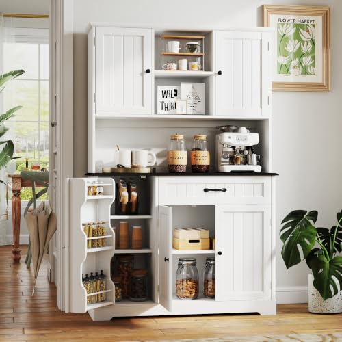 Image of Gizoon Kitchen Pantry Cabinet with Microwave Shelf Tall Coffee Bar Cabinet with Doors and Shelves Farmhouse Kitchen Hutch with Storage for Dining Room and Craft Room, Painted White and Black