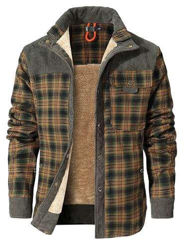 Zaitun Men's Sherpa Lined Flannel Corduroy Plaid Shirt Long Sleeve Button Up Jacket Fleece Coat For Men With Pocket