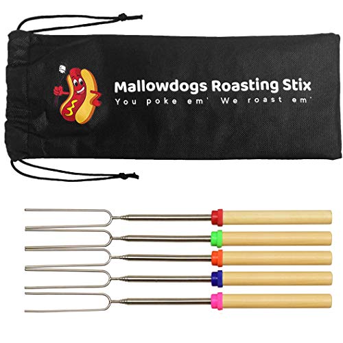 Mallowdogs Roasting Stix Hot Dog and Marshmallow Roasting Sticks for Fire Pit and Campfire Cooking – Telescoping Wooden Handle S'Mores Skewers with Retractable Stainless Steel Forks [Qty] (5)