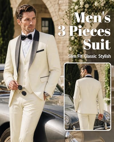 Image of MY'S Mens 3 Piece Tuxedo Set with Bow Tie, Shawl Lapel One Button Jacket Vest & Pants, Slim Fit Suit Prom Party Wedding Tux