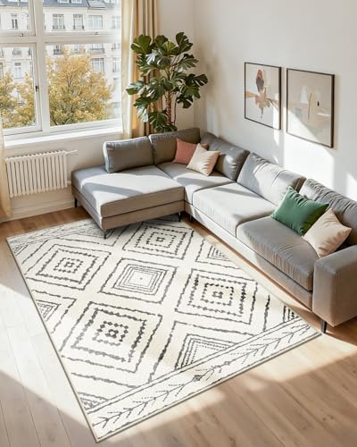 DEFYNEE Teppich Wohnzimmer 150x210 cm Wohnzimmerteppich, Waschbarer Teppich, Kurzflor, rutschfest, Pflegeleicht, Vintage & Boho Rug für Kinderzimmer, Schlafzimmer, Büro, Schwarz-Weiß
