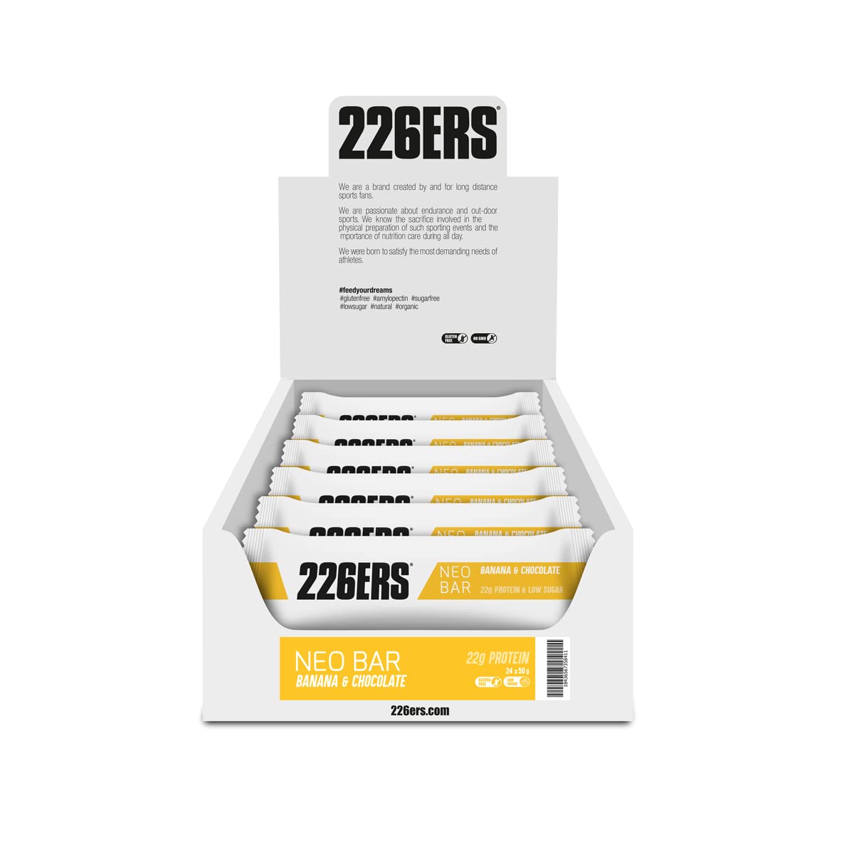 226ERS Neo Protein Bar, Barrita Proteica, Plátano 24 x 50 g | 24 g de proteína y baja en azúcar, cobertura de chocolate, sin gluten, ideal como snack y recuperadora muscular