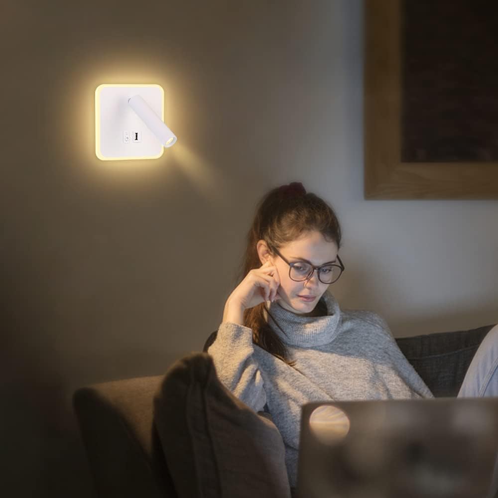 ERWEY Kinkiet LED 8 W lampka nocna do czytania Lampa ścienna z regulowanym reflektorem (3W 4000K +5 W 3000K) z portem ładowania USB (kwadrat, biały)