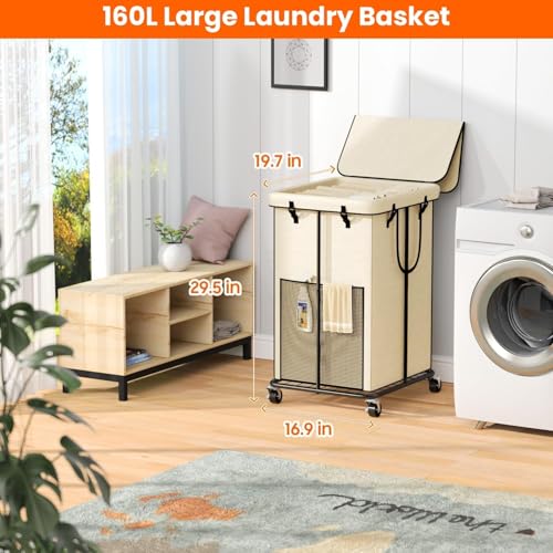 Image of 160L Laundry Hamper with Lid, Rolling Laundry Basket with Wheels, Large & Tall Dirty Clothes Hamper with Metal Frame and Removable Bag for Bedroom Aesthetic, Laundry Room, Bathroom, Dorm-White
