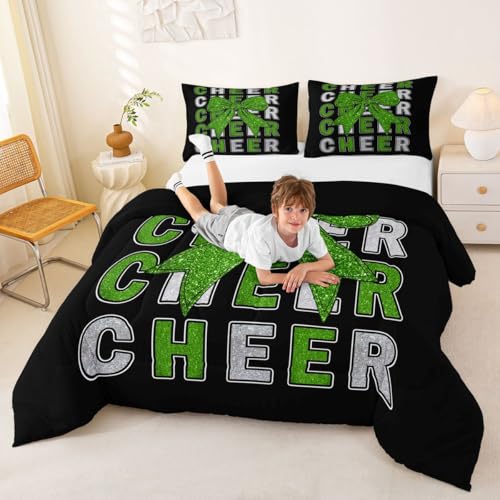 Image of Feelyou Cheer Comforter Set All Season Green Glitter Bowknot Bedding Set with 1 Pillow Cases Sport Cheerleader Microfiber Kids Twin Bedclothes Cheerleading Bedroom Decor Duvet Quilt Soft Lightweight