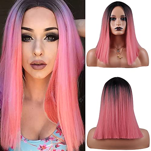 ZERAL Ombre Short Straight Bob Wig For Women Shoulder Length Middle Parting Wig Cosplay Daily Party Wig（1B/Pink)