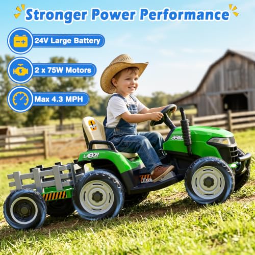 Image of ARBELI 24V Ride On Tractor w /2.4G Remote Control, Tiltable Trailer, Green