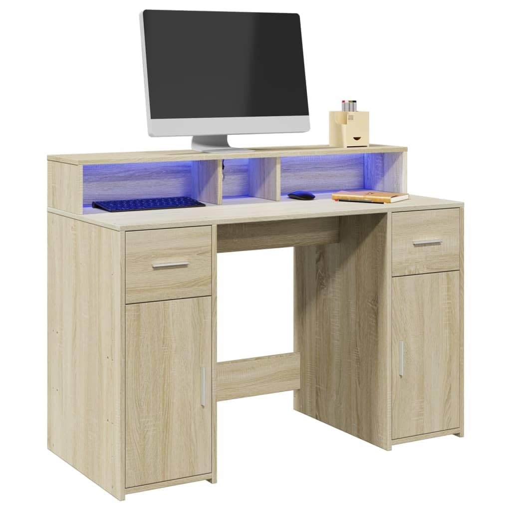 Bureau ergonomique LED avec étagère et tiroirs de rangement chêne Sonoma