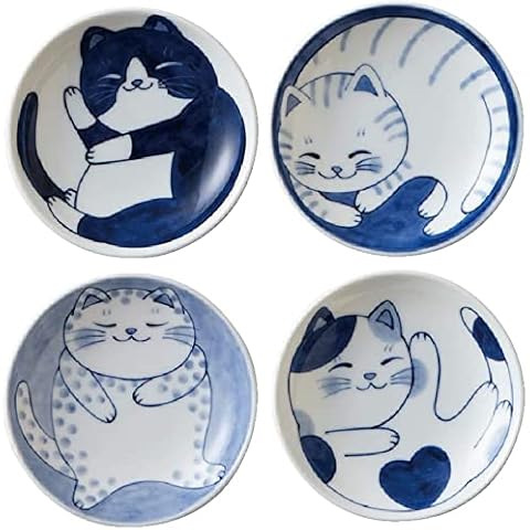 Japanese Small Plate Set Ceramic Cute Cats Design Appetizer Dessert Sushi Sauce 3.94 x 0.8 Inches Set of 4 Cover