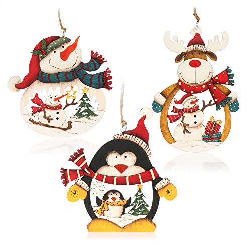 COM-FOUR® 3X Colgante de Madera para el Árbol de Navidad - Adornos y Decoración Navideña Con Tres Motivos