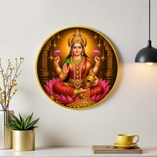 Image of PAINTINGMANTRA Goddess Lakshmi Framed Wall Art Painting For Living Room|Spiritual Maa Lakshmi Religious Poster with Round frame for Wall, Decoration item for Pooja Room, Home, 12 Inch