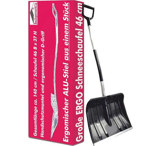 Große Schneeschaufel 46 cm breit mit ergonomischem Aluminium-Stiel und D-Griff Schneeschieber Schneeschippe Schneeschüppe Schneeräumer ergonomisch Spatengriff Schildschaufel Alu-Kante Kunststoffblatt