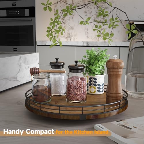 Image of Farmhouse Oak 12 inch Lazy Susan Turntable Organizer for Cabinet, Round Wooden Lazy Susan Organization and Storage for Dining Table, Pantry, Kitchen, Countertop, Cupboard,Home Decor, Walnut Wood