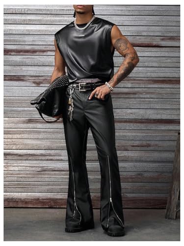BEAUDRM Men\'s PU Leather Pants Y2K Flare Leg Baggy Pants Half Zip Decor Party Rave Trousers Clubwear Black Medium