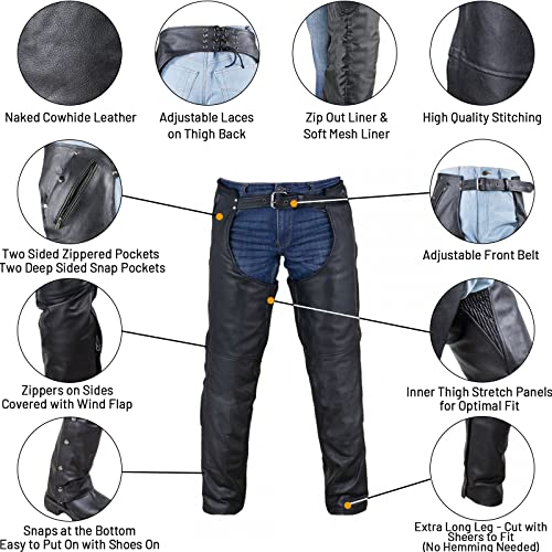 Dream Apparel Black Leather Motorcycle Riding Chaps For Men And Women W/Removable Liner And Four Deep Pockets, Cowboy Biker Chaps Pants (Size M) #TOP1