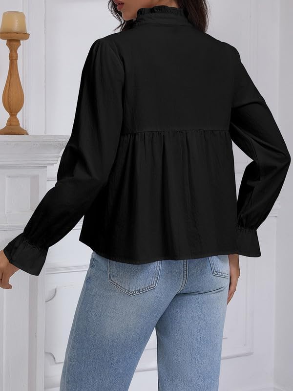 Womens Button Down Long Sleeve Fall Tops Pleated Dressy Work Babydoll Peplum Ruffle Blouse Shirt - Image 2