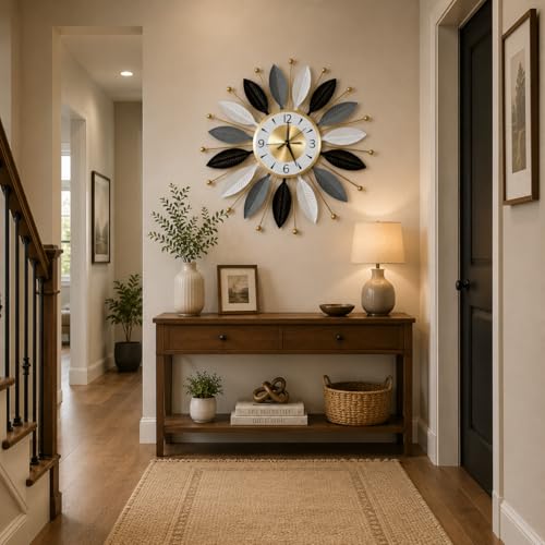 Image of FUNTEREST Large Metal Decorative Wall Clock for Living Room | Luxury Sunburst Leaf Design Wall Clock | Multicolor Vintage Finish | Silent Quartz Movement | Home, Bedroom & Office Wall Decor (55X55)