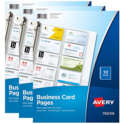 Avery(R) Clear Business Card Organizer Pages for 3 Ring Binders, 10 Per Pack, 3-Pack, Holds 600 Cards Total (78723)