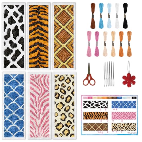 Image of INFUNLY 6pcs Animal Textures Cross Stitch Bookmark Kit for Beginners DIY Leopard Print Embroidery Bookmark Kits Zebra Stripes Needlepoint Kit with Instruction Easy Cross Stitch Set for Book Readers